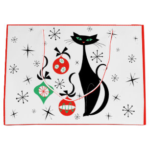 Retro Xmas Cat red  Large Gift Bag