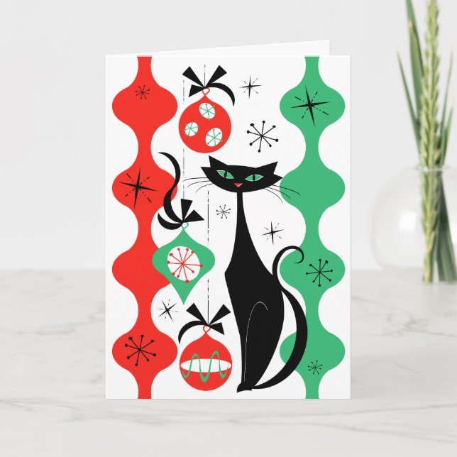 Retro Xmas Cat Stripe Merry Christmas Holiday Card (Front)