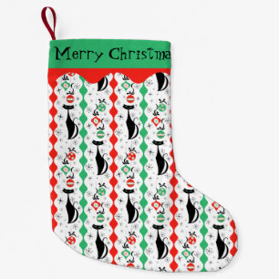 Retro Xmas Cat Stripe Multi Merry Christmas 2-side Small Christmas Stocking