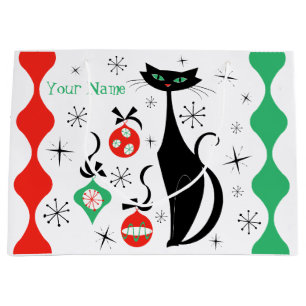 Retro Xmas Cat Stripe Name Large Gift Bag