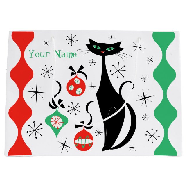 Retro Xmas Cat Stripe Name Large Gift Bag (Front)