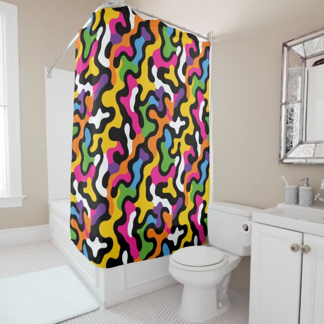Retro y2k Aesthetic Colourful Swirls Funky Abstrac Shower Curtain (In Situ)