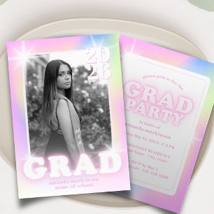 Retro Y2K Cyber Pink Neon Graduation Photo Party Invitation