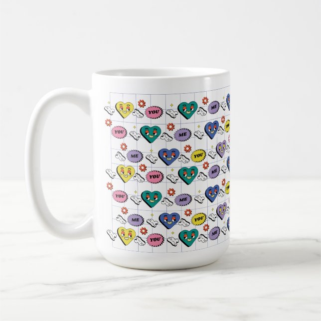 Retro Y2K Groovy Expressive Heart Seamless Pattern Coffee Mug (Left)