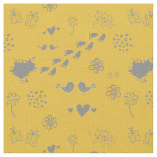 Retro yellow and grey pattern of birds, dots, foo fabric