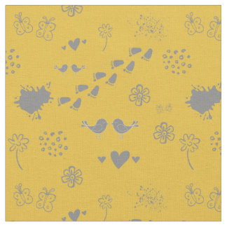 Retro yellow and grey pattern of birds, dots, foo fabric