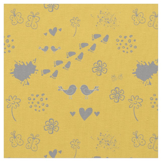 Retro yellow and grey pattern of birds, dots, foo fabric (Close Up)