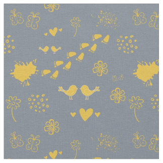 Retro yellow and grey pattern of birds, dots, foot fabric