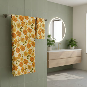 Retro Yellow and Orange Floral with 70s Vibes Bath Towel Set