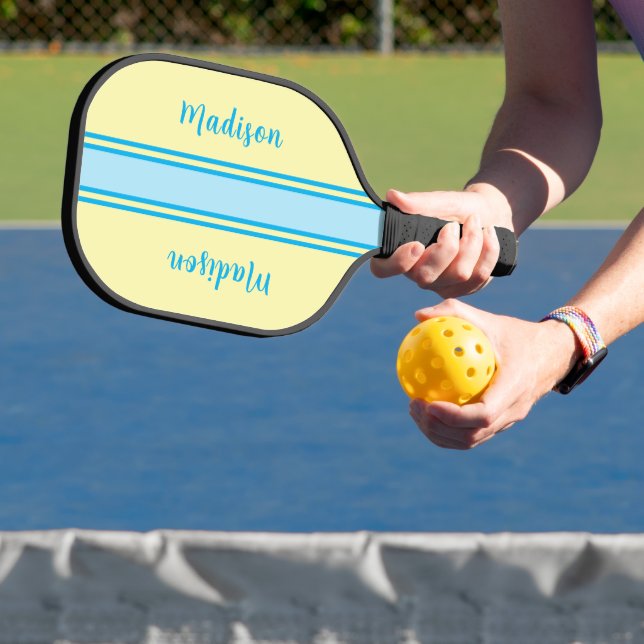 Retro Yellow and Sky Blue Striped - Monogrammed  Pickleball Paddle (Insitu)