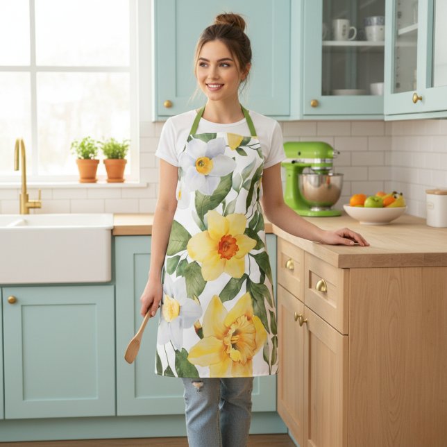 Retro Yellow and White Daffodil Floral Print Apron (Retro Yellow and White Daffodil Floral Print Apron)