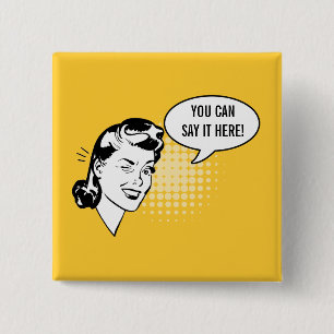 Retro Yellow and White Winking Woman Fun Button