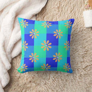 Retro Yellow Bloom Chequerboard Pattern Cushion