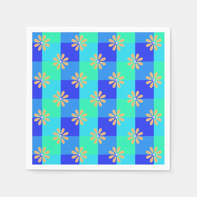 Retro Yellow Bloom Chequerboard Pattern Napkin (Front)