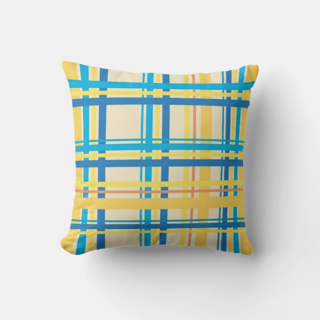 Retro Yellow, Blue, Brown Stripes Pattern Pillow (Front)