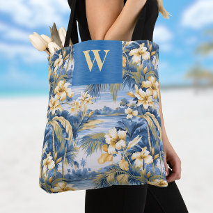 Retro Yellow Blue Floral n Tropical Palms Initial  Tote Bag
