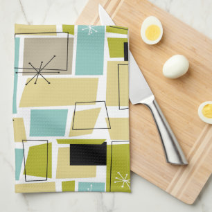 Retro Yellow Blue Squares Starburst Mid-century Tea Towel