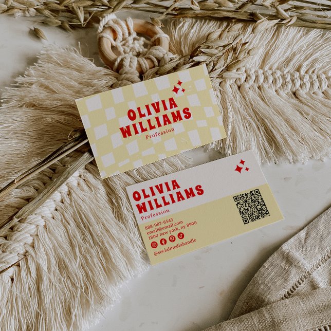 Retro Yellow Bold Groovy Chequered Funky QR Code Business Card (Creator Uploaded)