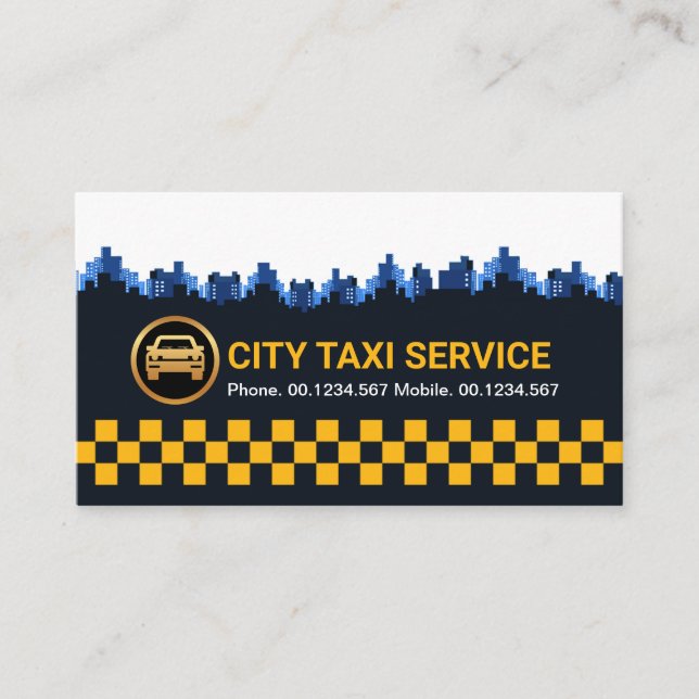 Retro Yellow Check Box City Silhouette Taxi Driver Business Card (Front)