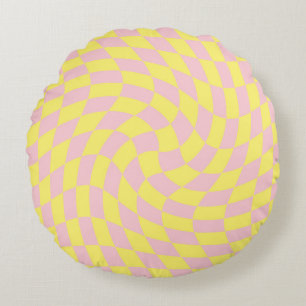 Retro Yellow Checks Warped Chequered Dorm Room  Round Cushion