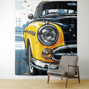 Retro Yellow Classic Car Front Pop Art Tapestry