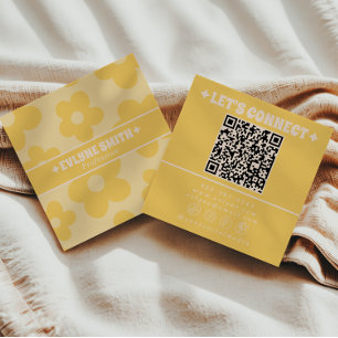 Retro Yellow Cream QR Code Groovy Floral Trendy Square Business Card