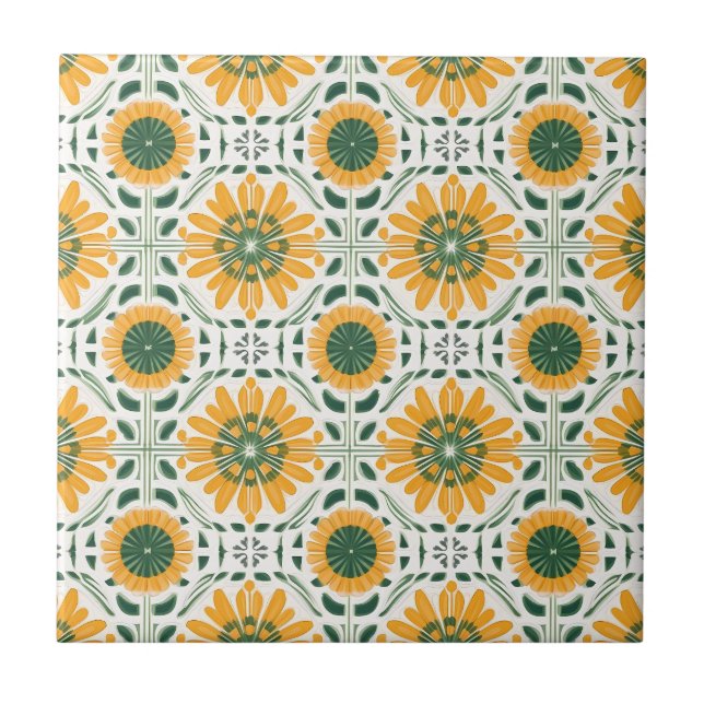 Retro Yellow Daisy Flower Green pattern Tile (Front)