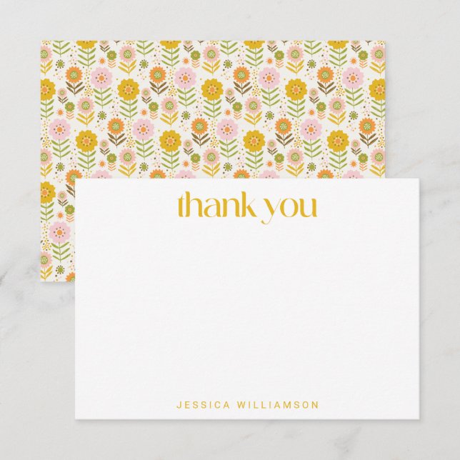 Retro Yellow Floral Custom Bridal Shower Thank You Card (Front/Back)