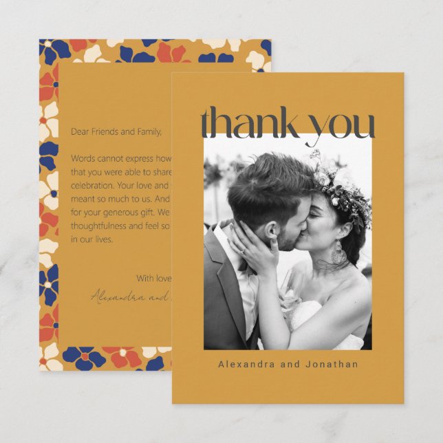 Retro Yellow Floral Custom Message Photo Wedding Thank You Card (Front/Back)