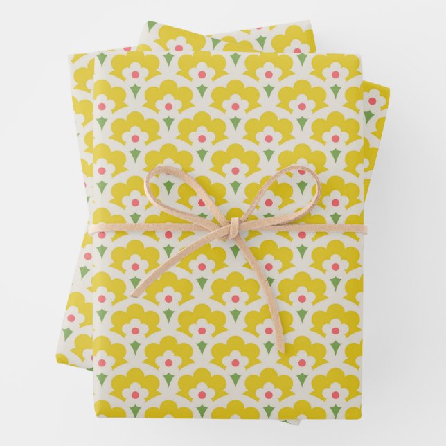 Retro Yellow Flower Garden Pattern Wrapping Paper Sheet (In situ)