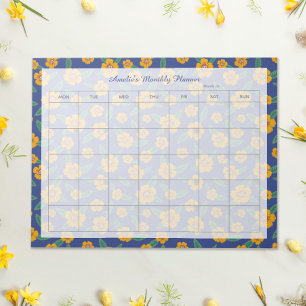 Retro Yellow Flowers Navy Monthly Planner Name Notepad