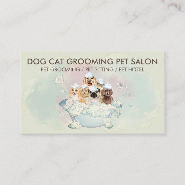 Retro Yellow Green Pet Groomer Business Card (Front)