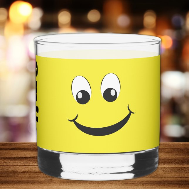 Retro Yellow Happy Face With Smile Monogram Name Whiskey Glass (Creator Uploaded)