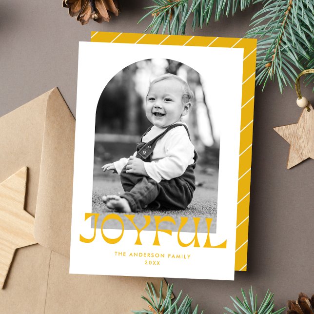 Retro Yellow Joyful Arch Photo Holiday Card (Creator Uploaded)