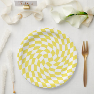 Retro Yellow Lemon Checked Warped Chequerboard Paper Plate