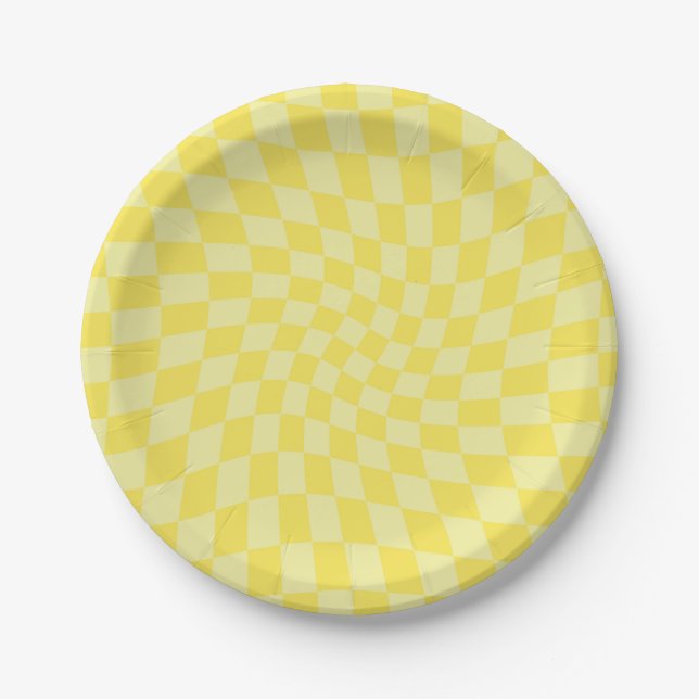 Retro Yellow Lemonade Checks Warped Chequerboard  Paper Plate (Front)