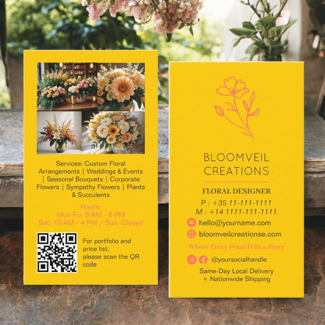 Retro yellow minimalist florist photos qr code business card (Retro yellow minimalist florist photos qr code business card)