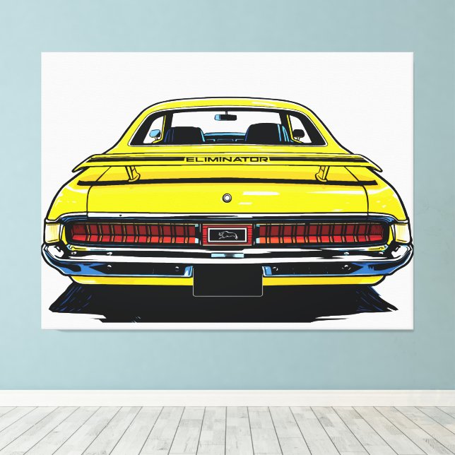 Retro Yellow Muscle Car Rear Pop Art Illustration Canvas Print (Insitu(Wood Floor))