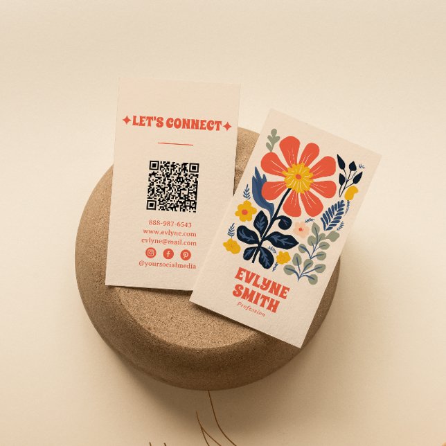 Retro Yellow Orange QR Code Groovy Floral Trendy Business Card (Creator Uploaded)