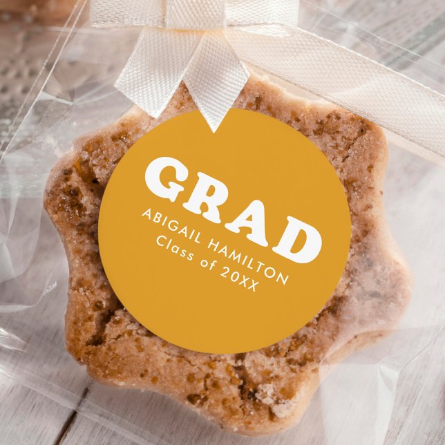 Retro Yellow Orange Typography Graduation Classic Round Sticker (Creator Uploaded)