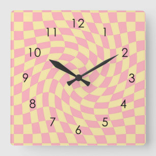 Retro Yellow Pink Check Warped Checkered Dorm Square Wall Clock