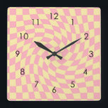 Retro Yellow Pink Check Warped Chequered Dorm Square Wall Clock<br><div class="desc">Perfect warped chequered design pillow in pastel colours,  full of great vibes. Modern warped checkers pattern. This nice retro psychedelic design takes you to the wonderland. Warped checks in pastel colours. Twirl and swirl checks,  chequered pastel pattern</div>