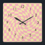 Retro Yellow Pink Check Warped Chequered Dorm Square Wall Clock<br><div class="desc">Perfect warped chequered design pillow in pastel colours,  full of great vibes. Modern warped checkers pattern. This nice retro psychedelic design takes you to the wonderland. Warped checks in pastel colours. Twirl and swirl checks,  chequered pastel pattern</div>