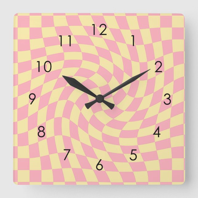 Retro Yellow Pink Check Warped Chequered Dorm Square Wall Clock (Front)