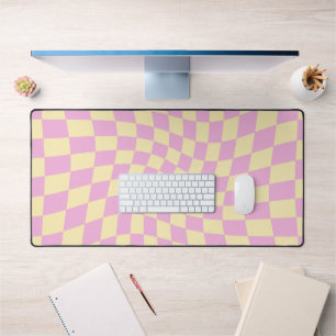 Retro Yellow Pink Checked Warped Chequered Desk Mat