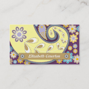 Retro yellow, plum paisley motif floral business card