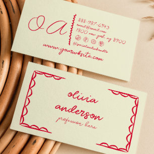 Retro Yellow Red Handwritten Drawn Quirky Girly Business Card