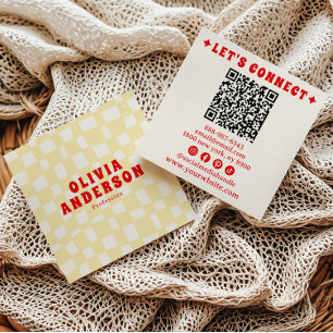 Retro Yellow Red QR Code Groovy Chequered Boho Square Business Card