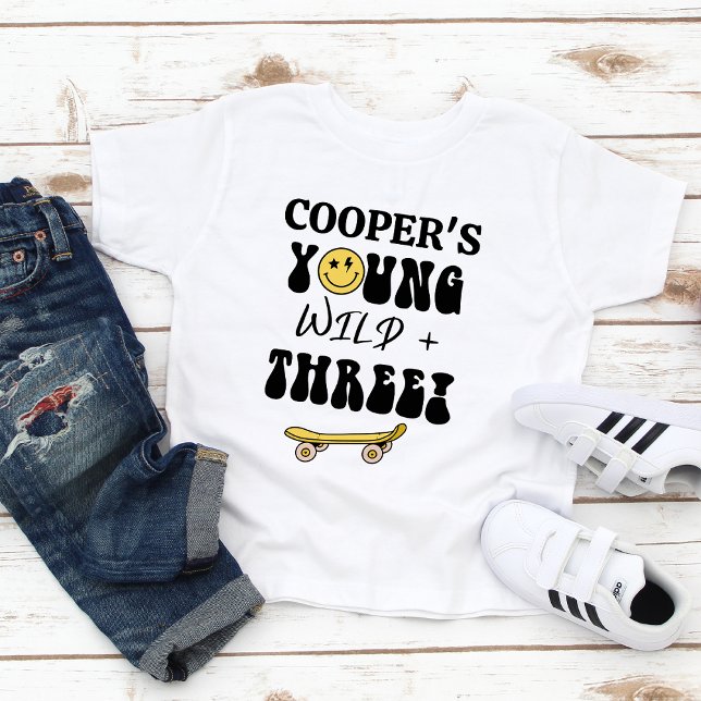 Retro Yellow Skateboard Young Wild Three Birthday T-Shirt (Boys Retro Young, Wild and Three 3rd Birthday T-shirt, Yellow Skateboard, Yellow Smiley Face Shirt)