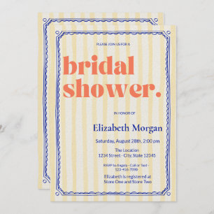  Retro Yellow Stripes Blue Frame Bridal Shower Invitation